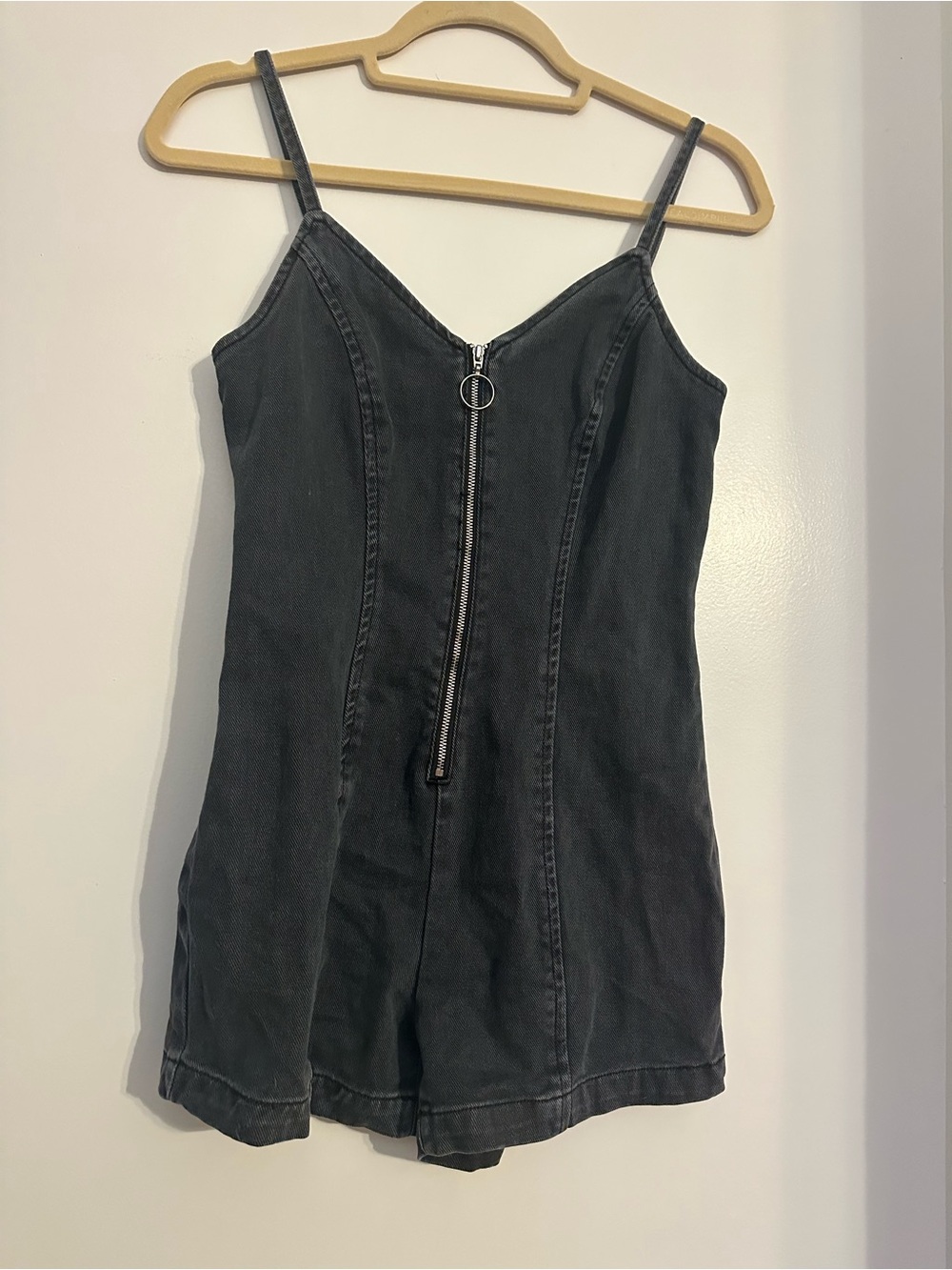 PacSun Black V-Neck Denim Romper Front Zip